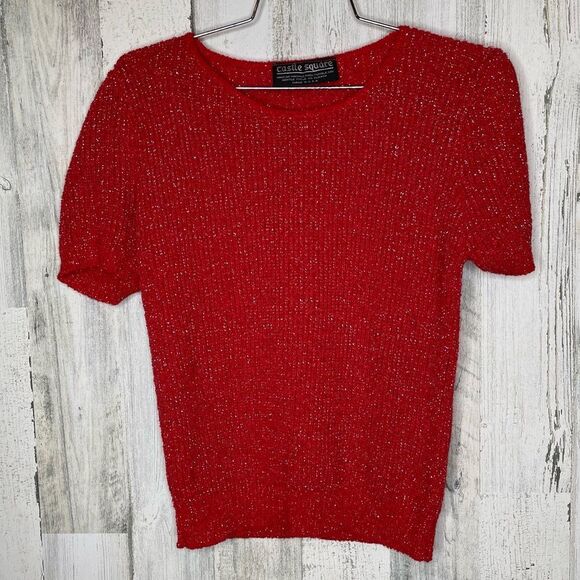 Vintage Castle Square sparkly red short sleeve sweater size Medium - Picture 2 of 4